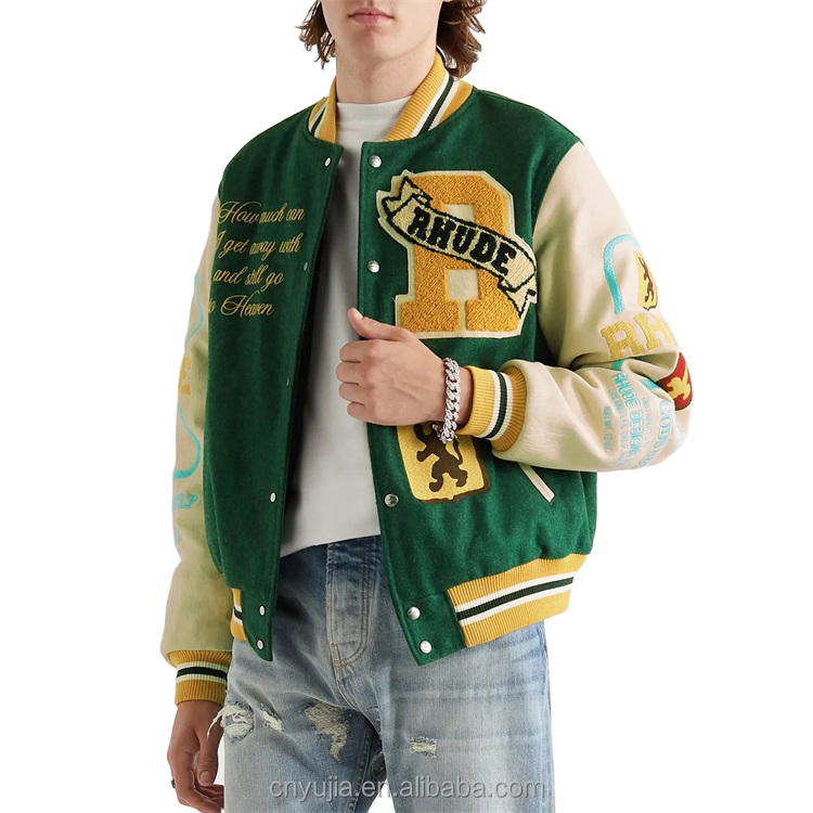 Embroidery Leather Sleeve Varsity Jacket