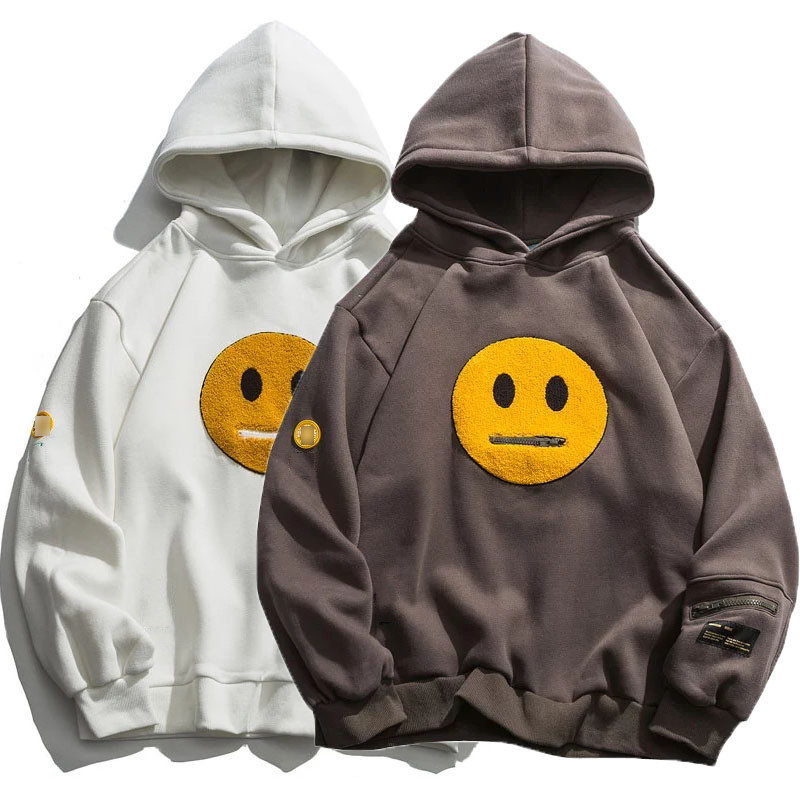 Patchwork Pocket Smile Face  Hoodies 